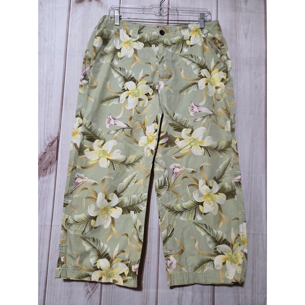 Sunset Cove‎ Womens 12 Tropical Floral Ripstop Crop Pants Green Lily Hawaiian